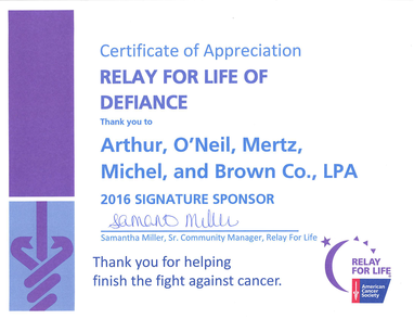 featured image for Arthur, O’neil, Mertz, Michel & Brown Receives Certificate Of Appreciation From Relay For Life
