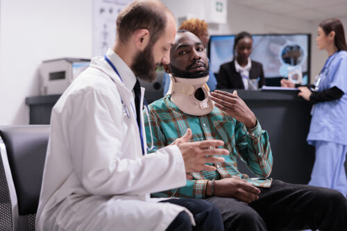 Physician consulting hurt person with neck collar foam, sitting in waiting room at reception lobby. Doctor helping injured man wearing cervical brace for support, checkup in waiting area.