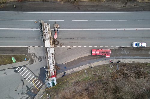 Aerial view of road accident with overturned truck blocking traffic in Perrysburg, Ohio
