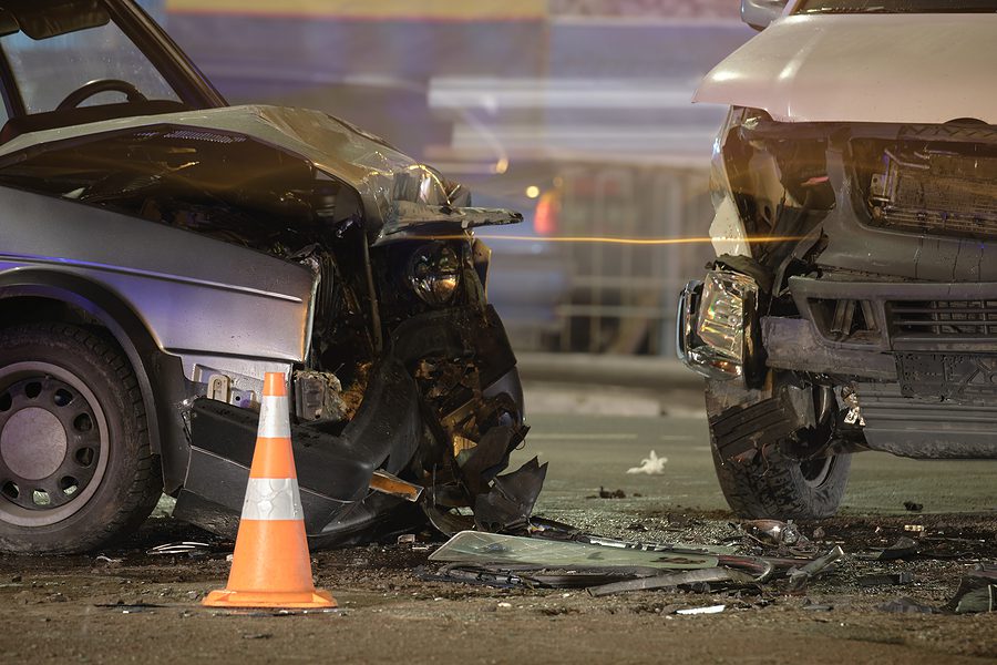 Heavily Damaged Cars in collision with front end damage