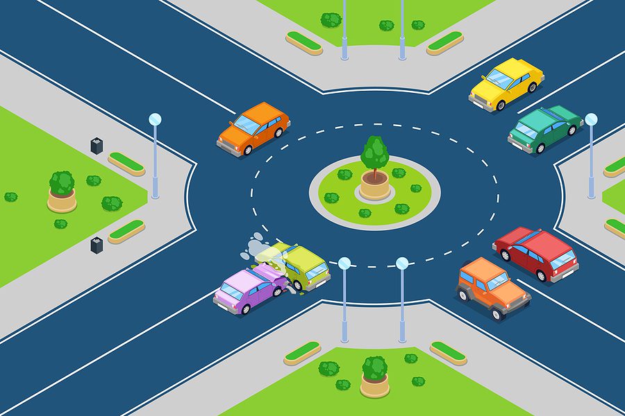 Illustration of an accident on a traffic circle. 