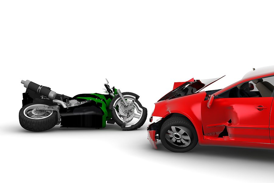 A red car and a green motorcycle accident against a white background. 