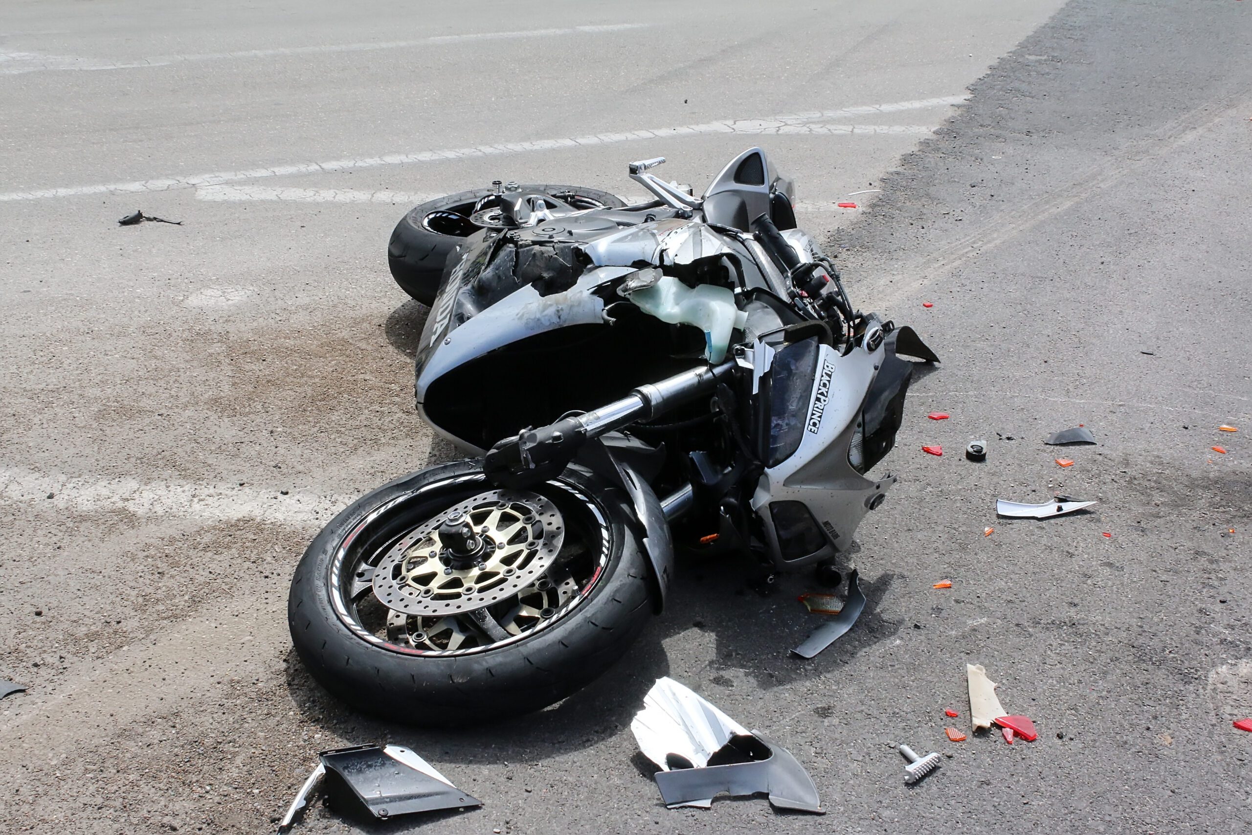 Damaged motorcycle after an accident in Swanton, Ohio